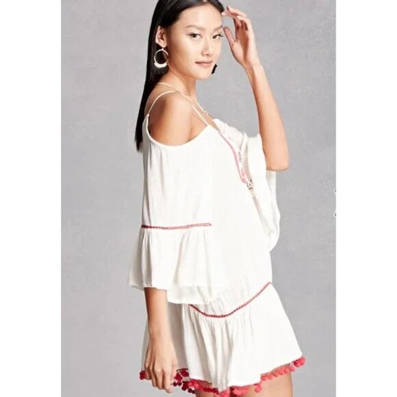 3/$30 Z&L EMBROIDERED MINI DRESS COLD SHOULDER POM POM DROP WAIST FLORAL SMALL - Picture 5 of 14